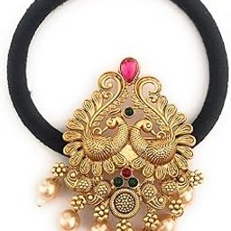 hair bands for women and girls black colour hair rubber bands with antique gold color decoration (pack of 1) latest hair ties stones ponytail holders center clips for children-image-85