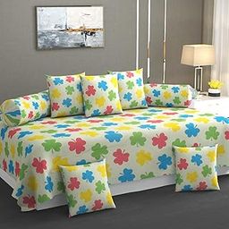 HIYANSHI HOME FURNISHING® Premium Cotton Diwan Set 8 Pieces,1 Single bedsheet Size 60x90inch, 5 Cushions 16 x 16 inch Covers with Zip and 2 Bolster Covers (Multi-8, 90x60 inches)-image-96