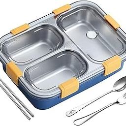 PRIME DEALS Lunch Box Sealed Leakage Proof Stainless Steel Lunch Box with Fork,Chopstick & Spoon Lid Office Food Container 3 Compartment for School Kids and Adults, 750ml (3 Compartment, Blue)-30