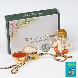Kaameri Bazaar Rakhi Gift for Brother | Designer Rakhi with Ganesha Idol Figurine, Laxmi Ganesh Coin, Roli Chawal Pack | Rakshabandhan Gift Rakhi for Brother-image-27