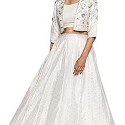 aurelia Women's Off White Dyed Printed Sequins Georgette Straight Crop Top, Skirt and Jacket Set-picture-10