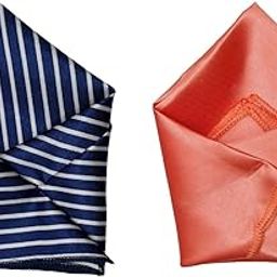 Set of 2 Pocket Squares – Navy Blue Striped & Peach Satin – Elegant Handkerchiefs for Men-46
