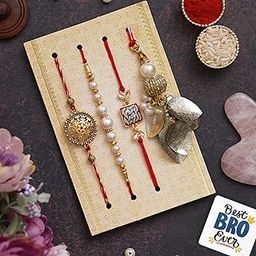 eCraftIndia Set of 4 Floral, Pearls, Diamonds, Lumba Designer Rakhis, Best Bro Ever Fridge Magnet, and Roli Chawal Pack - Rakhi for Brother - Lumba Rakhi for Sister In Law-image-89