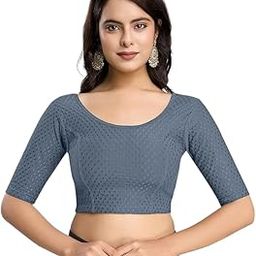 Avnils's Women's Dobby Pure Cotton Elastin Stretchable Readymade Round Neck Elbow Length Sleeves Blouse Choli with Textured Pattern (Grey, 32)-image-37