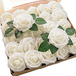 Floroom Artificial Flowers 25pcs Real Looking Ivory Fake Roses with Stems for DIY Bouquets White Bridal Shower Centerpieces Floral Arrangements Party Tables Home Decorations-image-99