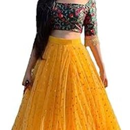 Women's Net Silk Semi-Stitched Lehenga Choli and Dupatta Set (Yellow, Free Size)-picture-52