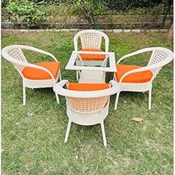 PRANYAX Designer 4 Chair 1 Table for Garden,Balcony,Coffee, Patio Seating Chair & Table Outdoor Furniture (D-8 Off White with Orange Cushion, 4 Chair 1 Table)-15