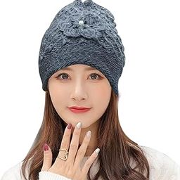 Women Woolen Winter Cap with Flower Pearl Design, Knit Beanie Hat Cozy Soft Warm For Outdoor Travel for Girls/Women's-image-89