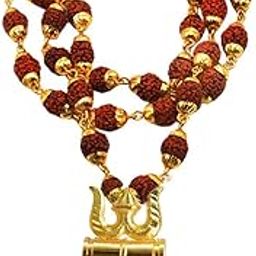 Yantram Vedic Product Gold-Plated Brass, Wood Lord Shiv Trishul Damru Locket with Panchmukhi Rudraksha Mala, Pendant for Men and Women, Original, Premium-28