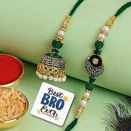eCraftIndia Green, White, & Golden Meenakari Bhaiya Bhabhi Rakhis Set with Roli Chawal Pack and Best Bro Ever Fridge Magnet - Rakhi for Brother and Bhabhi-56