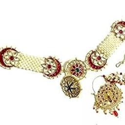 Gold Plated Combo Jewellery Traditional Rajasthani Nathiya/Nose Ring with Pearls Chain and Maang Tikka in Kundan and pearl for Women and Girls-picture-35
