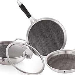 NIRLON Prima Honeycomb Stick Free Triply Stainless Steel Cookware Combo Set of 3Pc |Flat Tawa29cm/Fry Pan 24cm/Deep Kadai 24cm-2.6Ltr|Glass Lid|Induction and Gas Stove Friendly-image-2