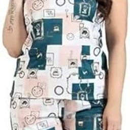 Womens, Polyester Babydoll Lingerie Bodysuit Swimwear Mini Chemise Top Short Wedding Bridal Nightdress with Top Shorts Strylish Prints Beige, Relaxed, Free Size-image-94