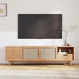 Modern TV Stand Entertainment Center, Natural Wood with Cane Webbing, Storage Cabinet 203 W x 39 D x 55 H cm-image-5