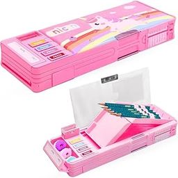 Royals hub Multifunctional Cute Unicorn School Pencil Box for Girls - Multi Compartment Button Operated Unicorn Compass Box, Stationary Items- Pencil Case & Geometry Box for Kids-image-3