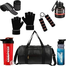 (2024 New) Gym Accessories Combo Set for Men and Women Workout with Whey Bottle, Hand Gripper,Duffle Bag, Wrist Wrap, Hand Gloves Sipper/Shaker - All-in-One Fitness Gym Kit (Pack of 7) (RED)-60