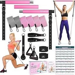 Pilates Bar Kit with Resistance Bands, Multifunctional Yoga Pilates Bar with Heavy-Duty Metal Adjustment Buckle, Portable Home Gym Pilates Resistance Bar for Women Full Body Workouts(20-150LBS)-Rose-11