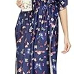 Women's Butterfly Print Kaftan Nightgown, Navy Blue Maxi Length, V-Neck with Short Flutter Sleeves-image-2