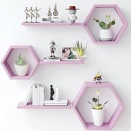 NW CRAFTS Wooden Attractive Hexagonal Shape Wall Hanging Shelf Book Shelf | Plant Stand for Living Room Bedroom & Office Decoration (Pink)-image-61
