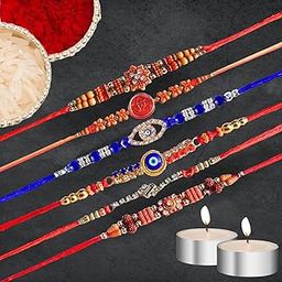 DRYPHON DPR602 Combo Pack Rakhi for Brother and Bhabhi Set with Wax Tealight Candles for Aarti, Rakhi Bracelet Combo for Bhaiya Bhabhi with Roli Chawal Pack - Set of 6-image-21