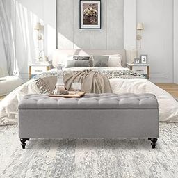 LEGACY OF COMFORT Brendalynn Upholstered Flip Top Storage Bench - Wooden Base Ottoman Bench with Storage for Bedroom (Light Grey)-image-2