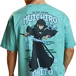 the souled store Demon Slayer: Muichiro Men and Boys Short Sleeves Round Neck Green Graphic Printed Cotton Lightweight Comfortable All-Season Oversized T-Shirt-picture-36