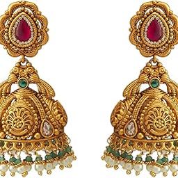 Fashion Jewellery Ruby-Green Gold Polished Antique Push Back Jhumkas, earring for Women, Best for Bridesmaids - 435239-image-36