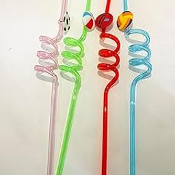 Cartoon Reusable Drinking Straws, Sports Ball Design, Spiral Shape, Food Grade Plastic, Set of 4, Multi-Colour-image-84