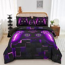 PERFEMET 6 Pieces Bed in A Bag Gamer Comforter Set Queen Size Purple Gaming Bedding Set for Boys Kids Teen Soft Lightweight Video Game Black Quilt Bedspread Set(Purple, Queen)-image-47