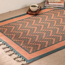 Peepul Tree Handmade Pure Cotton Rugs for Living Room | Multipurpose Carpet for Hall, Bed Room and Corridor | Floor Rugs | Sustainable Dhurrie Rugs | 3x5ft | Teal and Coral | Chintz Collection-image-26