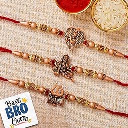 eCraftIndia Set of 3 Red & Golden Trishul with Damru, Lord Ganesha, & Lord Krishna Playing Flute Religious Rakhis with Roli Chawal Pack and Best Bro Ever Fridge Magnet-8