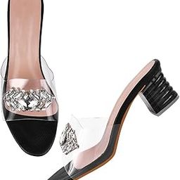 Embellished Front Studded Buckle Block Heels Comfortable Transparent Party Kitten Heel for Womens & Girls-6
