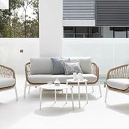 DEVOKO Outdoor 4 Seater Rope Sofa Conversation Set with Comfortable All Weather Water-Resistant Cushions and Glass Top Round Center Table for Garden, Patio, Poolside Area (Beige & White)-image-81