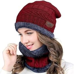 Knitted Winter Cap & Neck Scarf with fleece,Unisex Beanie Cap with Neck Warmer for Women,Thermal Cap, Fluffy Woolen Cap (set of gloves and cap) Blue-37