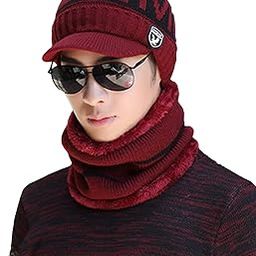 SIKANDER® - Ultra Soft Unisex Woolen Visor Beanie Cap Plus Muffler Scarf Set for Men I Women I Girl I Boy - Warm, Snow Proof - 20 Degree Temperature Red Color-image-88