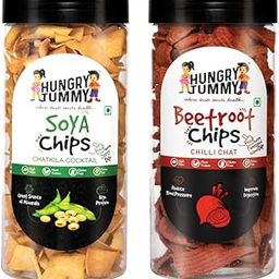 HUNGRY TUMMY Soya Chips and Beetroot Chips Combo Pack, Chatkila Cocktail and Chilli Chat Flavour, 150g Each, Pack of 2-image-97