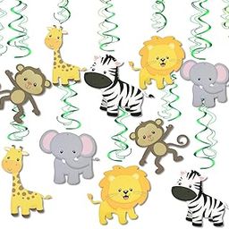 Festiko 12 pcs Jungle Animal Hanging Swirl Decoration Safari Theme Zoo Swirls Animals Birthday Party Spirals Home Ceiling Wall Decor for Woodland Farm Favor Supplies Decor Jungle Combo Green-picture-12
