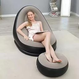 Inflatable Lounge Chair for Adults with Foot Stool | Portable Lazy Sofa with Air Pump | 2-in-1 Folding Chair for Indoor & Outdoor | Camping, Living Room, Balcony, Bedroom (Black & Brown)-image-56