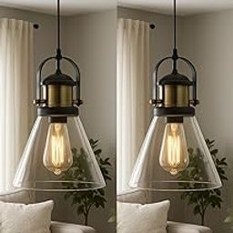 ALDAMIRA LIGHTING DECOR Modern Industrial Pendant Light with Clear Glass Shade | Vintage Edison Bulb Hanging Lamp | Black & Brass Finish Ceiling Light | Ideal for Living Room & Dining (Pack of 2)-image-76