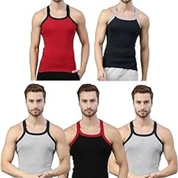 Men’s Cut & Sew Color Block Printed On Side Durable & Comfortable 100% Combed Cotton Muscle Fit Gym Vest Innerwear (Pack of 5) Colour/Print May be Vary-55