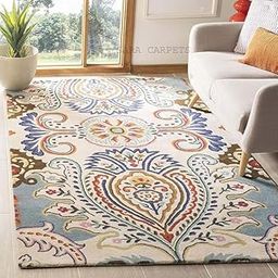Sara Carpets Handmade Woollen Carpet. Craft Collection for Living Room Bedroom. Hall Size 4 x 6 feet (120X180 Cm) O White 21-image-1