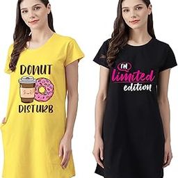 Women’s Cotton Nighty | Printed Knee Length Nighty |Short Sleeve Nighty |Short Nightdress| Black and Yellow Color| Long T-Shirt | Sleepwear & Casual Wear Nighty (Pack of 2)-image-32