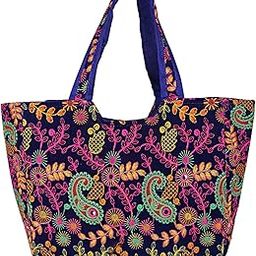 Tote Bags for Women Big Size Stylish Rajasthani Embriodery Mirror Work Ethnic Cotton Boho Handbag with Zipper Closure Shoulder Bags for Girls - 46x30 Cm-image-21