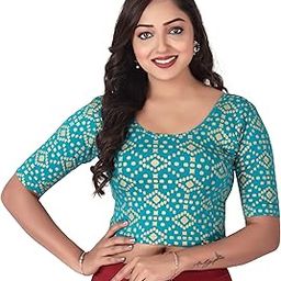 Round Neck Regular Fit Cotton Saree Blouse for Women | Half Sleeve Readymade Golden Foil Design Festive Blouse Perfect for Saree, Lehenga, Kurti | 32-44-picture-15