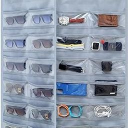 FAB ELLITE Sunglasses Organizer Storage Hanging Dust Proof Sunglasses Case Wall Mounted, Travel Dual Sided Glasses Case Multiple Pairs,Eyeglasses Holder with 24 Clear Slots, Inside; Professional, Grey-22