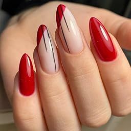Set Of 14Pc, Press-On, Long Almond Red and French Tips With Black Design, Glossy Finish, Nail Extensions With Free Glue Kit-image-43