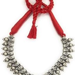 Red Thread Necklace Antique Texture oxidised silver Beads metal ladies fashion jewelry For Women And Girls || easy to wear and adjustable cotton feel thread necklace-image-19