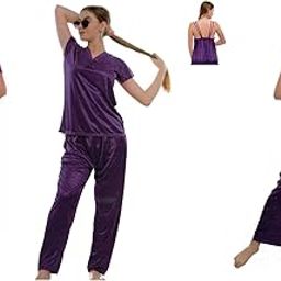 Woman's Nightwear Set (Nighty/Robe/Capri/Top) (Free Size, Purple)-44