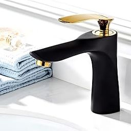 AQUAKART Black Gold Faucet Tap Mixer Hot and Cold Water Heavy Single Lever Basin Mixer 7 inches with Connector Pipes and Ceramic Cartridge for Bathroom Wash Basins-93