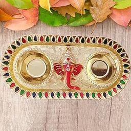 P.A.Decorative Acralic Meenakari Small Haldi kumkum Holder,Pooja Thali Set,Rakhi Puja Plate. (13x8cm)-image-15